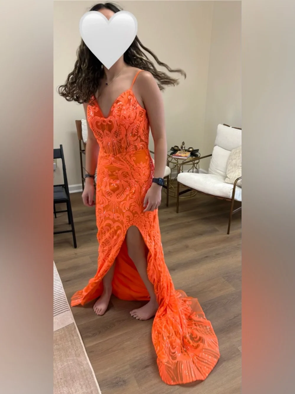 Orange beaded Lace Spaghetti Strap Prom Dress with Front Slit nwt size 6 - Picture 6 of 6